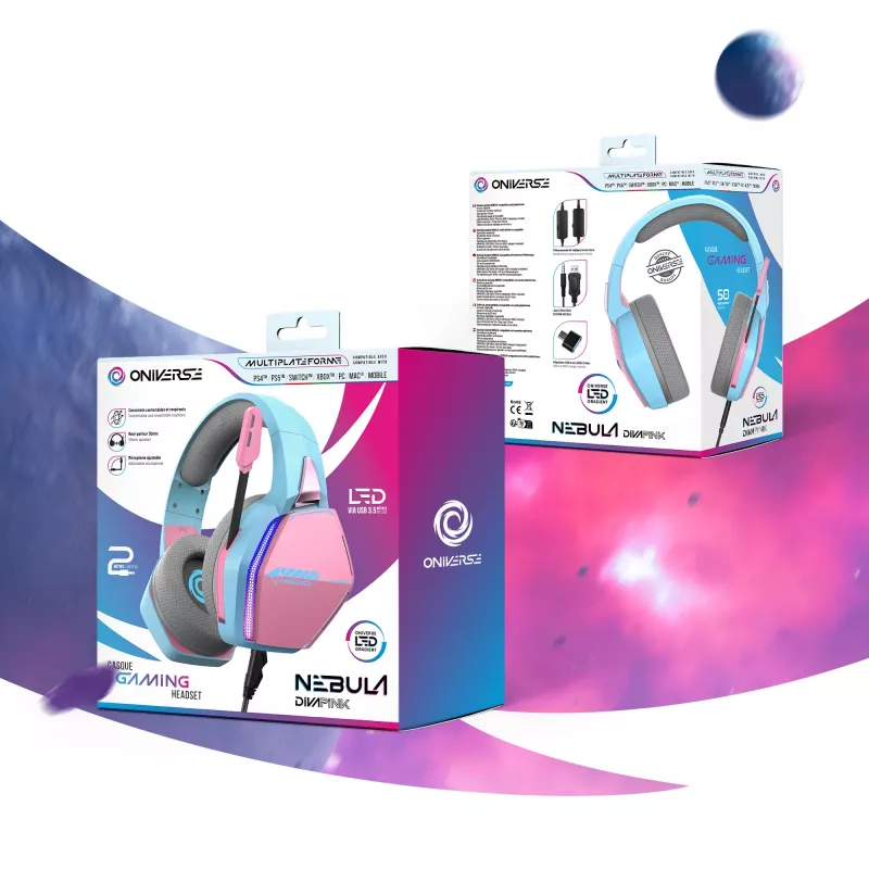 Oniverse auriculares gaming Nebula - Diva Pink (multiplataforma), con cable, gaming, 20 - 20000 Hz, 356 g, auriculares, cian, rosa