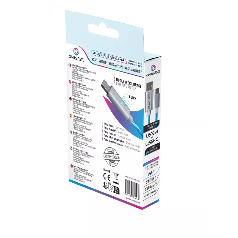 Oniverse cable de carga rápida USB-C a USB-C – 2 metros – LED (multiplataforma)