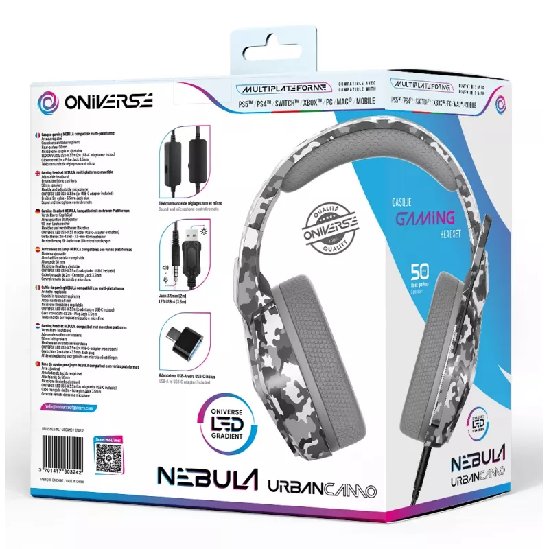 Oniverse auriculares gaming Nebula - Urban Camo (multiplataforma), con cable, 20 - 20000 Hz, gaming, 356 g, auriculares, camuflaje