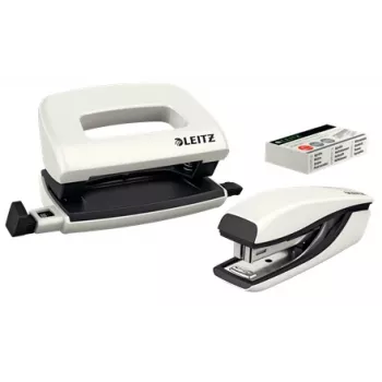 Leitz set grapadora y perforadora Mini WOW, 10 hojas, Pearl, blanco, P2, metal, plástico, 80 g/m², 3,5 cm