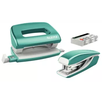Leitz set grapadora y perforadora Mini WOW, 10 hojas, azul, metálico, perlado, P2, metal, plástico, 80 g/m², 3,5 cm