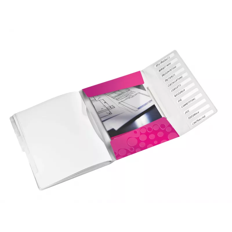 Leitz WOW Libro de separadores de PP, 12 pestañas, A4, Polipropileno (PP), Metálico, Rosa, 200 hojas, 265 mm, 17 mm