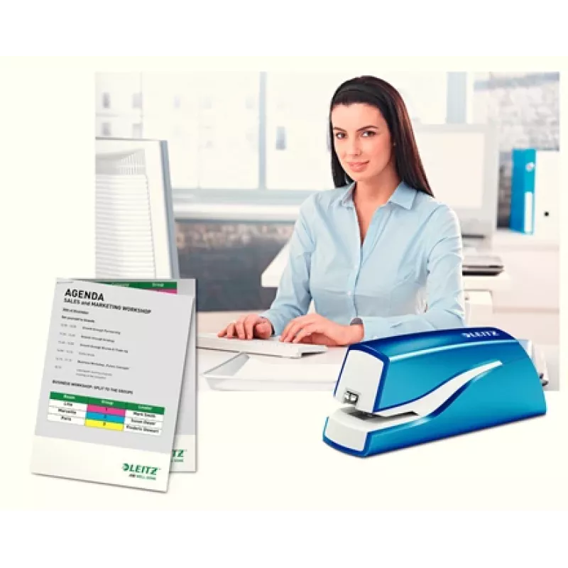 Leitz NeXXt Grapadora a batería WOW 5566, 10 hojas, 1 cm, plástico, azul, blanco, batería, 50 mm