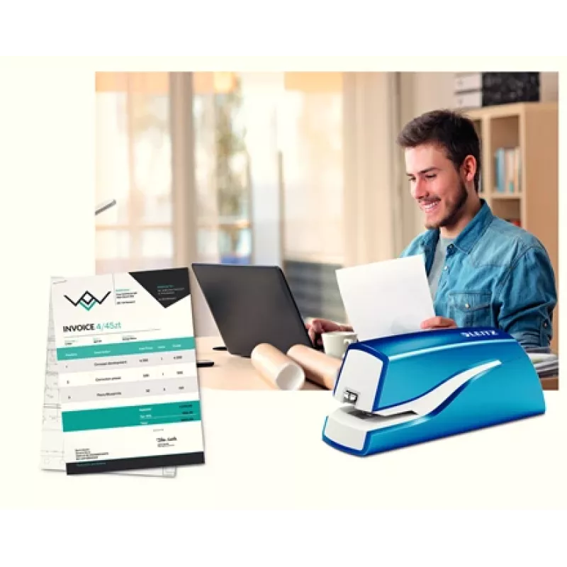 Leitz NeXXt Grapadora a batería WOW 5566, 10 hojas, 1 cm, plástico, azul, blanco, batería, 50 mm