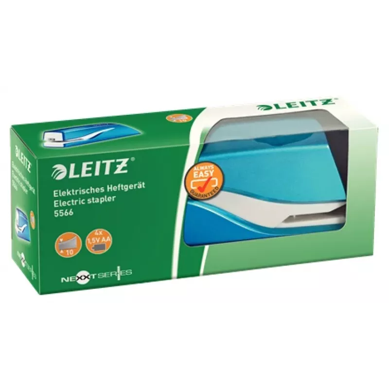 Leitz NeXXt Grapadora a batería WOW 5566, 10 hojas, 1 cm, plástico, azul, blanco, batería, 50 mm