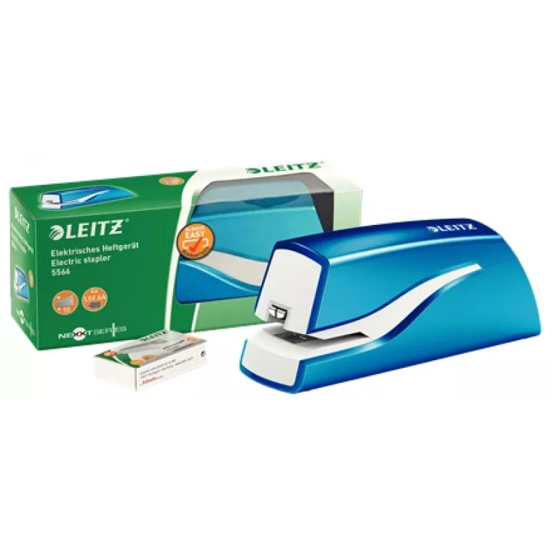 Leitz NeXXt Grapadora a batería WOW 5566, 10 hojas, 1 cm, plástico, azul, blanco, batería, 50 mm