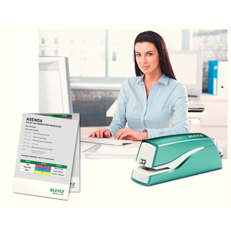 Leitz NeXXt Grapadora a batería WOW 5566, 10 hojas, 1 cm, plástico, azul, blanco, batería, 50 mm