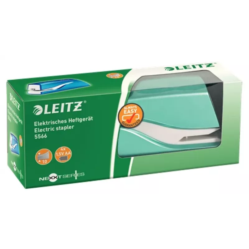 Leitz NeXXt Grapadora a batería WOW 5566, 10 hojas, 1 cm, plástico, azul, blanco, batería, 50 mm