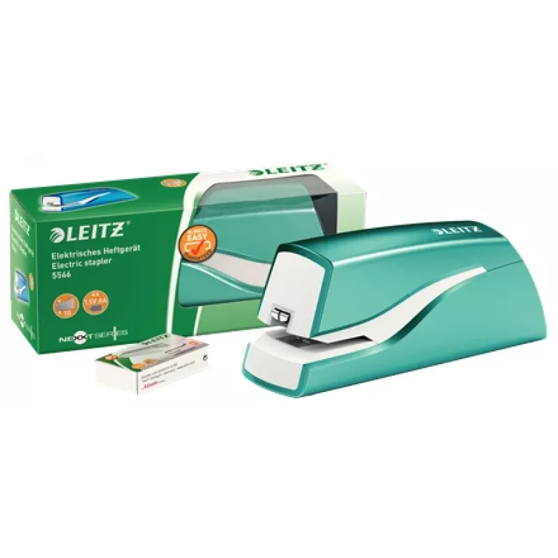Leitz NeXXt Grapadora a batería WOW 5566, 10 hojas, 1 cm, plástico, azul, blanco, batería, 50 mm