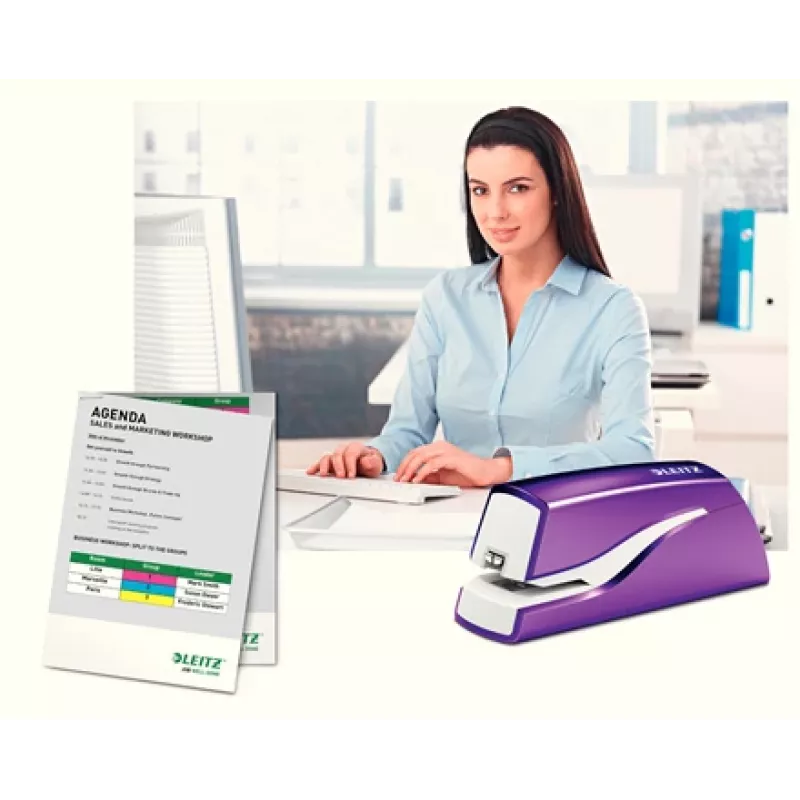 Leitz NeXXt Grapadora a batería WOW 5566, 10 hojas, 1 cm, plástico, morado, blanco, batería, 50 mm