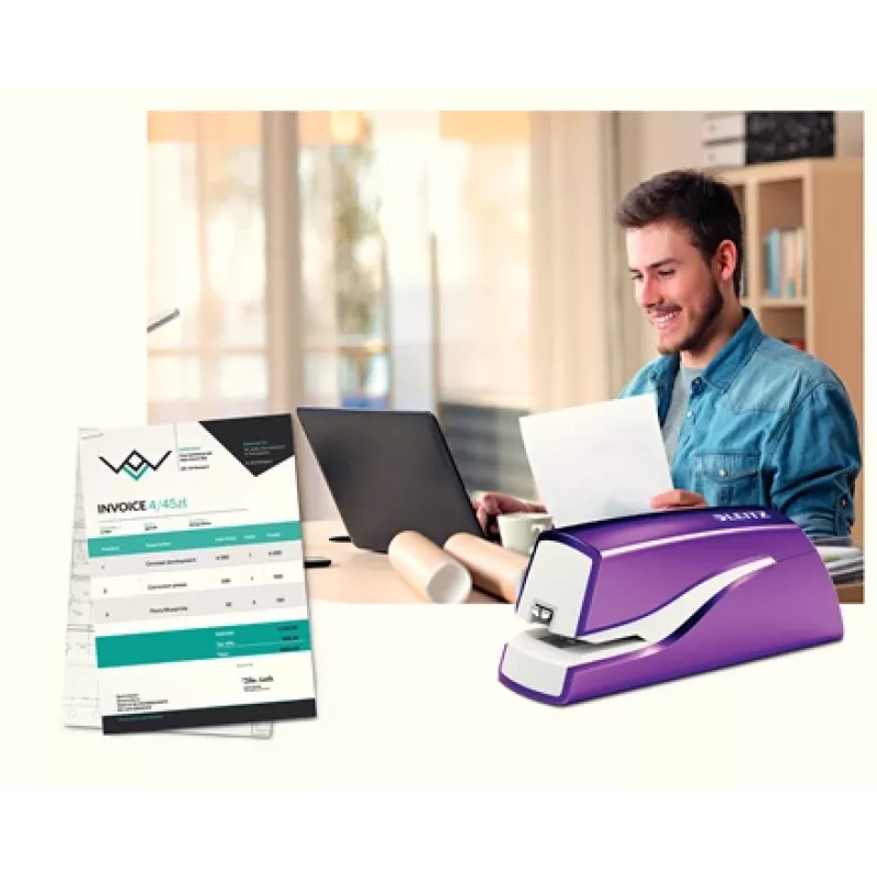 Leitz NeXXt Grapadora a batería WOW 5566, 10 hojas, 1 cm, plástico, morado, blanco, batería, 50 mm