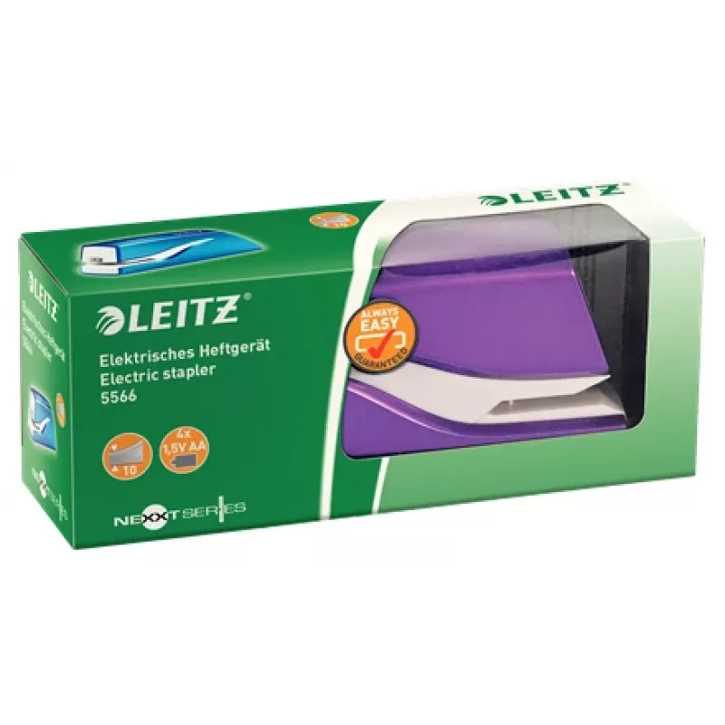 Leitz NeXXt Grapadora a batería WOW 5566, 10 hojas, 1 cm, plástico, morado, blanco, batería, 50 mm
