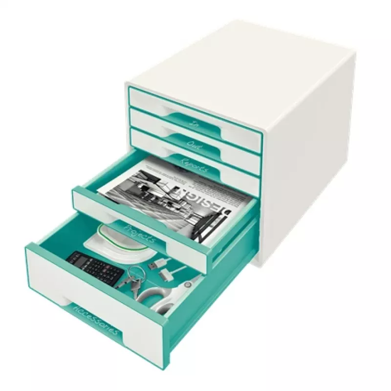 Leitz cajonera WOW Cube con 5 cajones, 5 cajones, plástico, turquesa, blanco, 1 ud., 287 mm, 270 mm