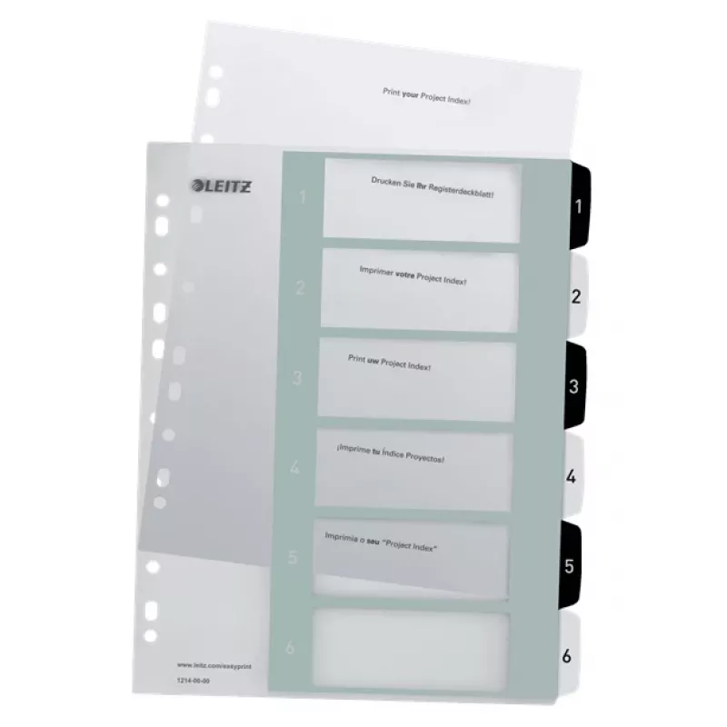 Leitz Índices Printable PP A4+ 1-6 WOW blanco/negro, separador numérico, polipropileno (PP), negro, blanco, A4 Maxi, 245 mm, 305 mm