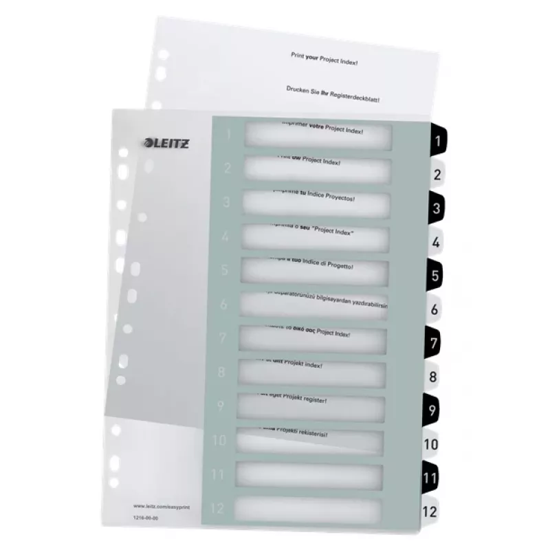 Leitz Índices Printable PP A4+ 1-12 WOW blanco/negro, separador numérico, polipropileno (PP), negro, blanco, A4 Maxi, 245 mm, 305 mm