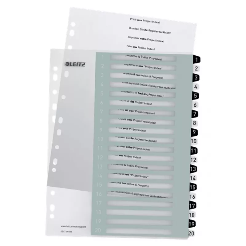 Leitz Índices Printable PP A4+ 1-20 WOW blanco/negro, separador numérico, polipropileno (PP), negro, blanco, A4 Maxi, 245 mm, 305 mm