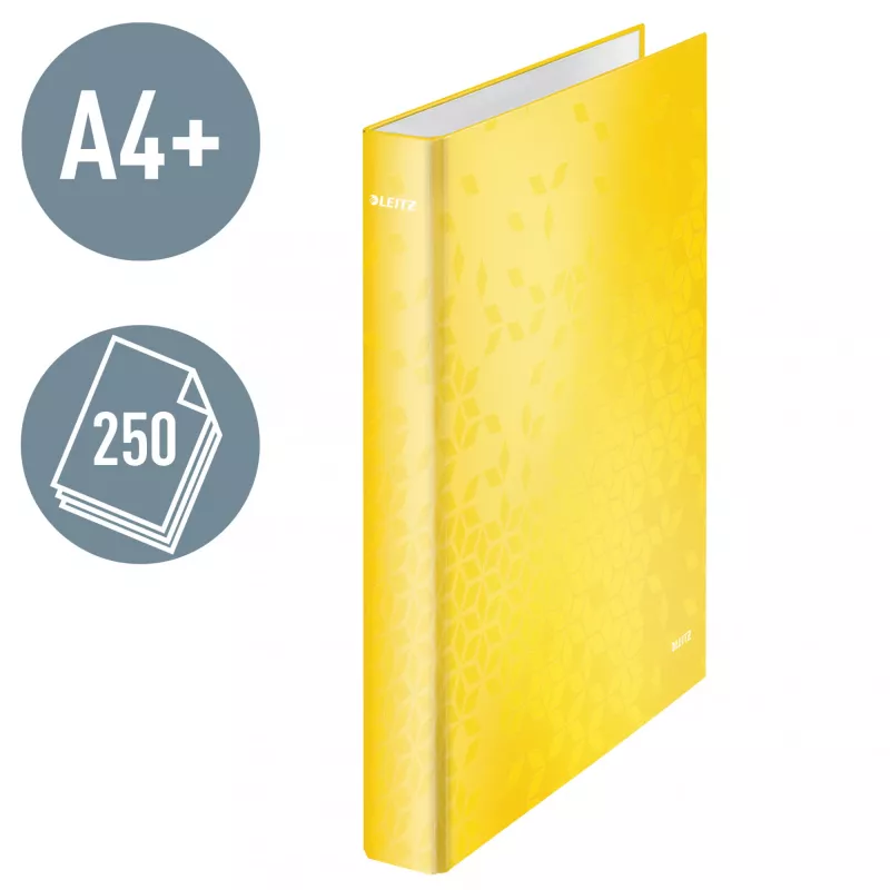 Leitz Archivador de anillas WOW laminado A4+ 2DR/25mm, A4+, anilla D, cartón, amarillo, 250 hojas, 80 g/m²