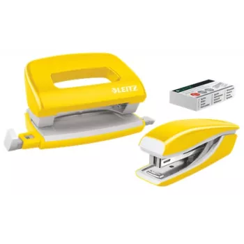 Leitz set minigrapadora y perforadora Mini WOW, 10 hojas, amarillo, P2, metal, plástico, 3,5 cm, 100 grapas