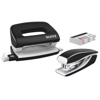 Leitz set grapadora y perforadora Mini WOW, 10 hojas, negro, P2, metal, plástico, 3,5 cm, 100 grapas