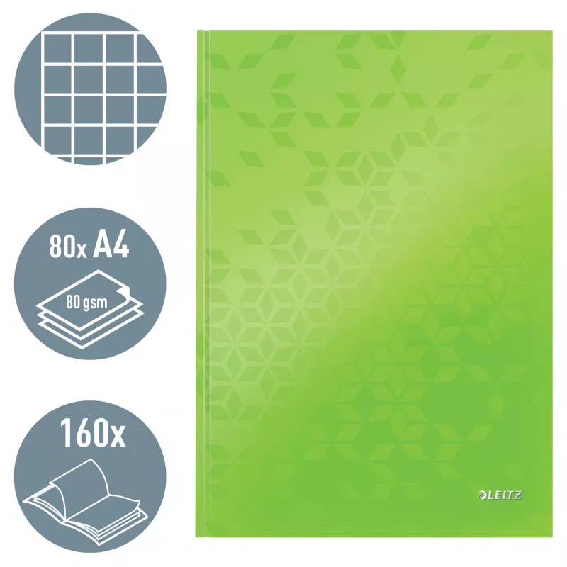 Leitz Cuaderno WOW A4 cuadriculado con tapa dura 90 g/m², 80 hojas, estampado, verde, A4, 80 hojas, 80 g/m², papel cuadriculado