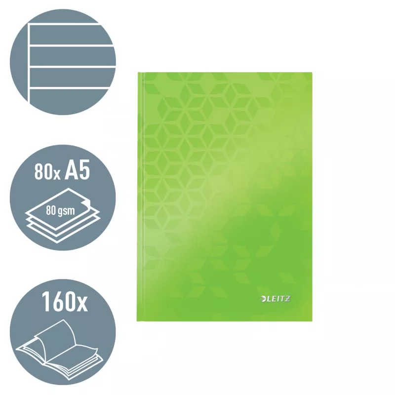 Leitz Cuaderno WOW A5 rayado con tapa dura 90 g/80 hojas, estampado, verde, A5, 80 hojas, 80 g/m², papel rayado