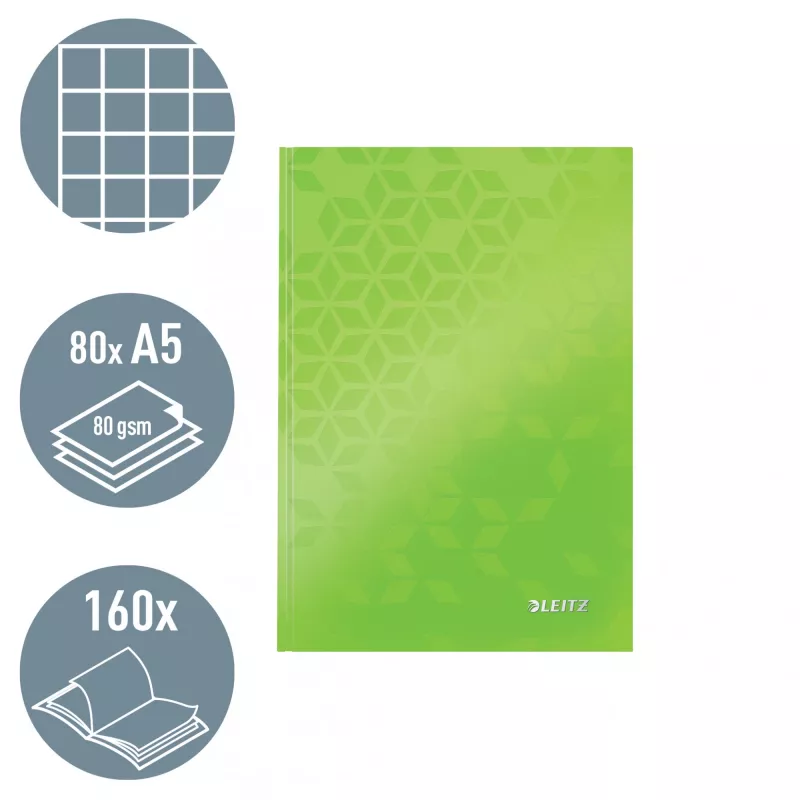 Leitz Cuaderno WOW A5 cuadriculado con tapa dura, estampado, verde, A5, 80 hojas, 80 g/m², cuadriculado