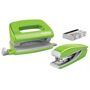 Leitz Set grapadora y perforadora Mini WOW, 10 hojas, verde, P2, metal, plástico, 3,5 cm, 100 grapas