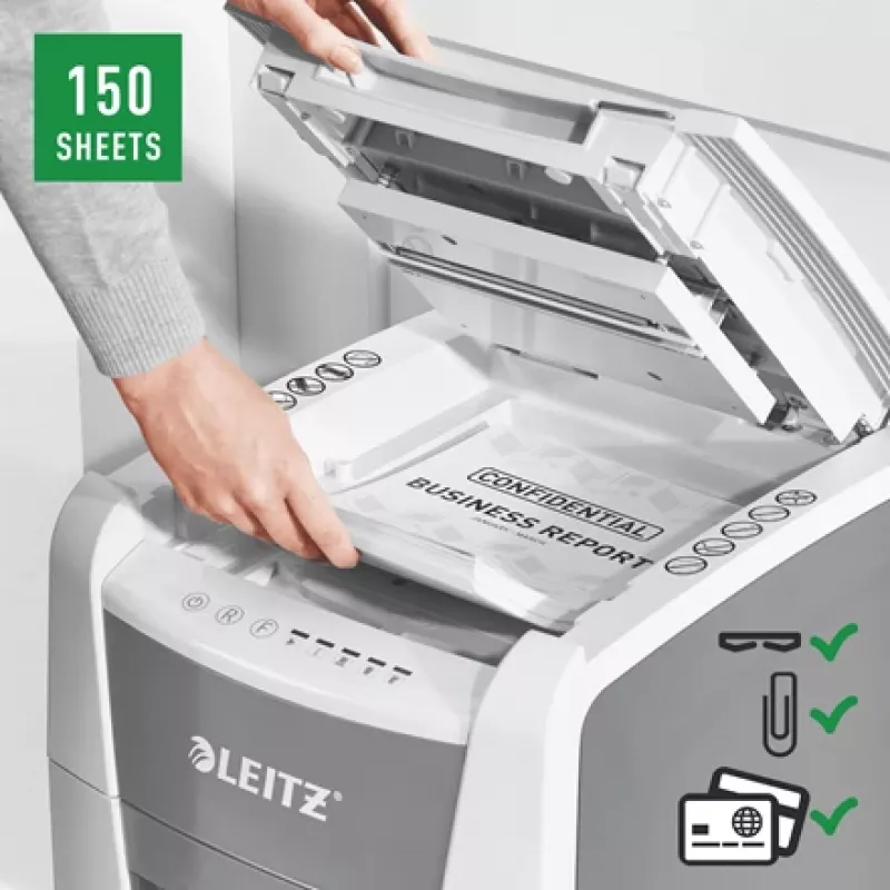 Leitz IQ Autofeed Office 150 Destructora de papel automática P5, corte micro, 22 cm, 2 x 15 mm, 44 L, 500 hojas, 55 dB