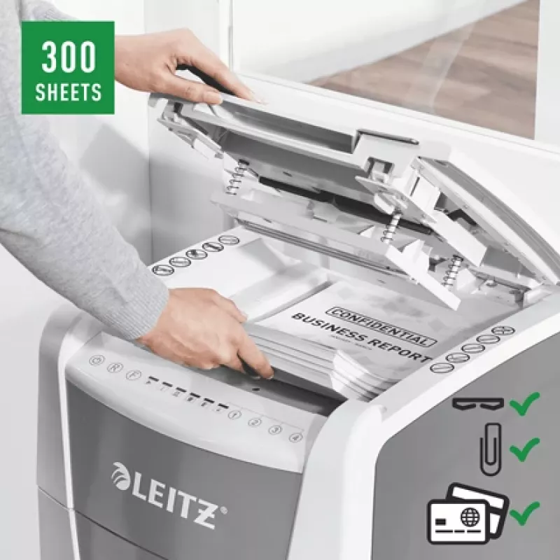 Leitz IQ Autofeed Office 300 Destructora de documentos P5, corte micro, 22 cm, 2 x 15 mm, 60 L, 700 hojas, 55 dB