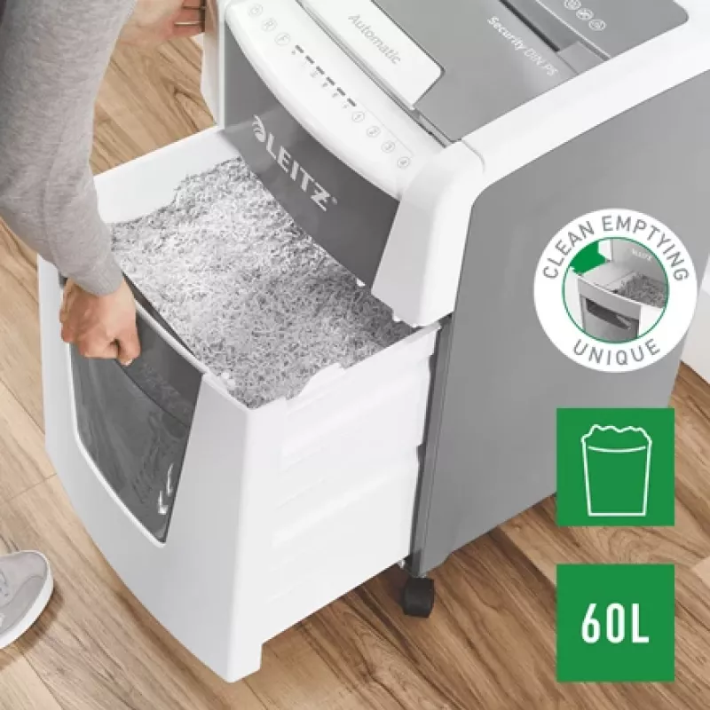 Leitz IQ Autofeed Office 300 Destructora de documentos P5, corte micro, 22 cm, 2 x 15 mm, 60 L, 700 hojas, 55 dB