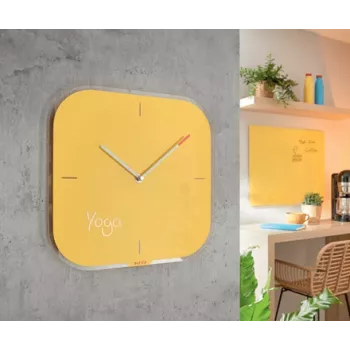Leitz Cosy Reloj de pared de cristal Silent, cuadrado, amarillo, 300 mm, 300 mm, 40 mm, 1,6 kg