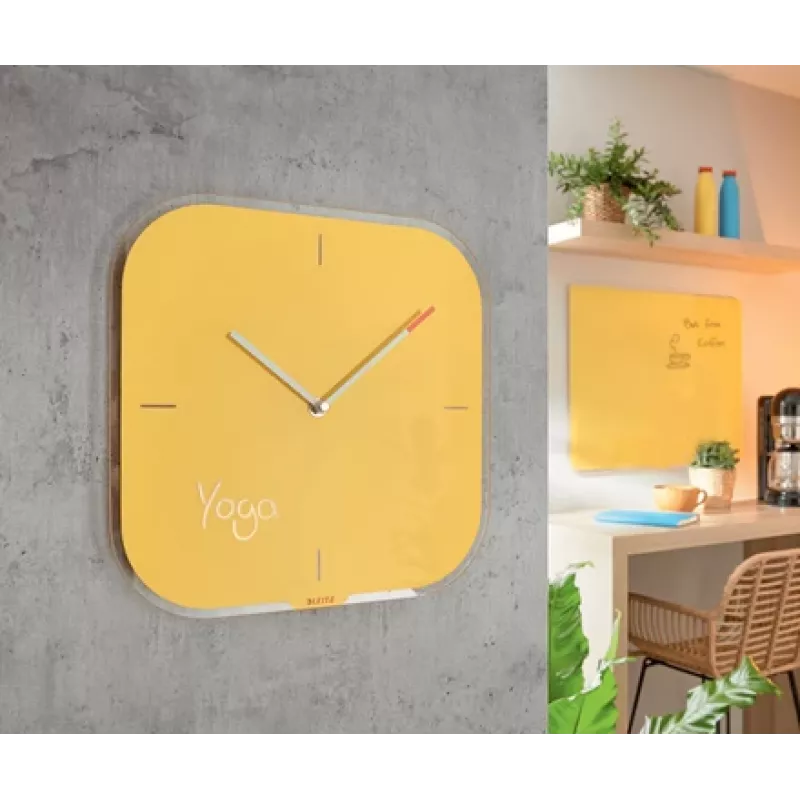 Leitz Cosy Reloj de pared de cristal Silent, cuadrado, amarillo, 300 mm, 300 mm, 40 mm, 1,6 kg