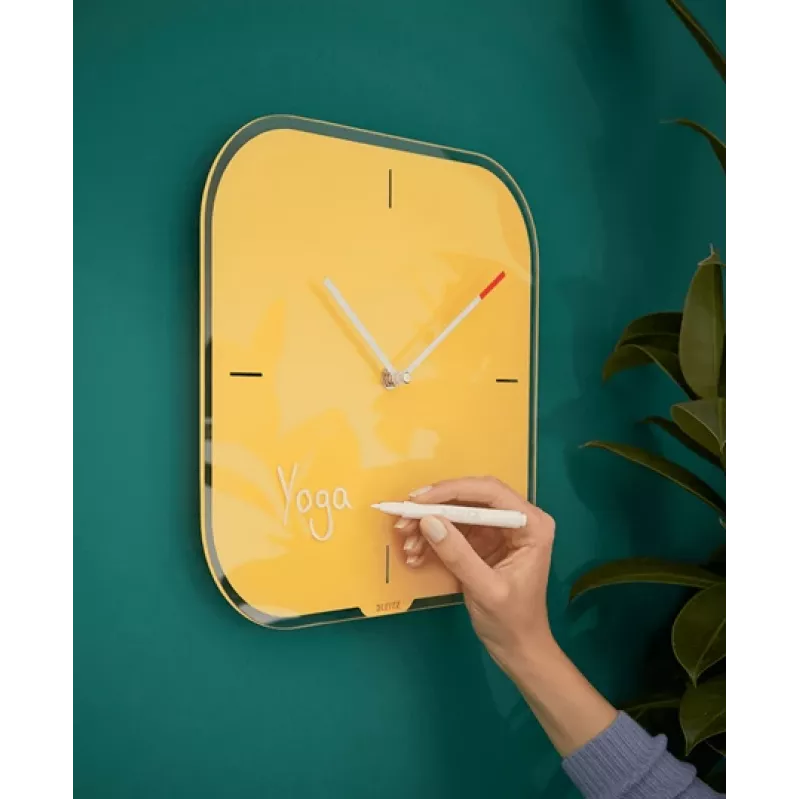 Leitz Cosy Reloj de pared de cristal Silent, cuadrado, amarillo, 300 mm, 300 mm, 40 mm, 1,6 kg