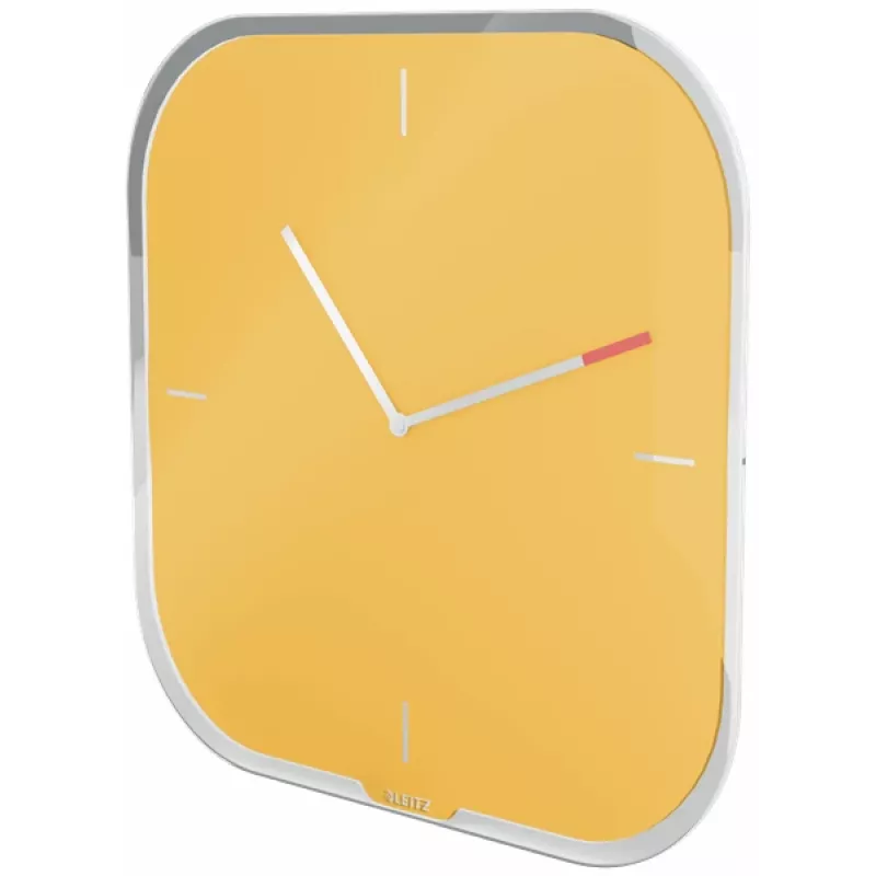 Leitz Cosy Reloj de pared de cristal Silent, cuadrado, amarillo, 300 mm, 300 mm, 40 mm, 1,6 kg