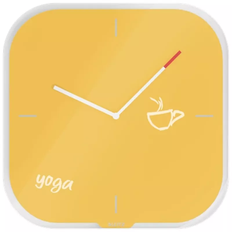 Leitz Cosy Reloj de pared de cristal Silent, cuadrado, amarillo, 300 mm, 300 mm, 40 mm, 1,6 kg