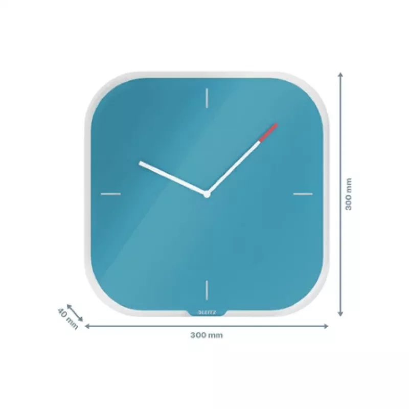 Leitz Cosy Reloj de pared de cristal Silent, cuadrado, azul, 300 mm, 300 mm, 40 mm, 1,6 kg