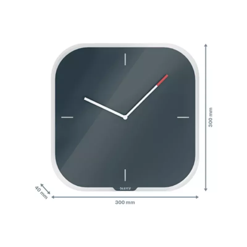 Leitz Cosy Reloj de pared de cristal Silent, cuadrado, negro, 300 mm, 300 mm, 40 mm, 1,6 kg