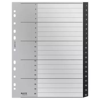 Índice Leitz Recycle, PP, extragrande, índice numérico, polipropileno (PP), negro, blanco, A4 Maxi, 160 g/m², 238 mm