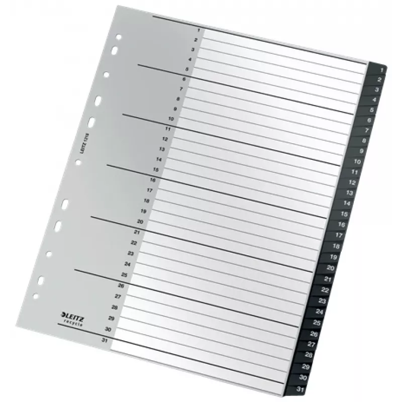 Índice Leitz Recycle, PP, extragrande, índice numérico, polipropileno (PP), negro, blanco, vertical, A4 Maxi, 160 g/m²