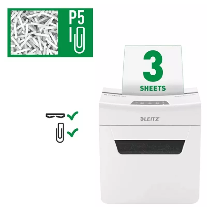 Destructora de documentos Leitz IQ Protect Premium 3M P5, microcorte, 2 x 15 mm, 10 L, 125 hojas, 55 dB, táctil