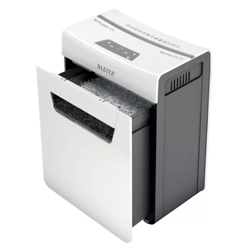 Destructora de documentos Leitz IQ Protect Premium 4M P5, microcorte, 2 x 15 mm, 14 L, 150 hojas, 55 dB, táctil