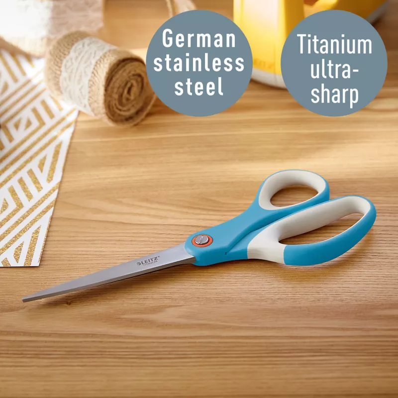 Leitz Cosy Titanium tijeras de oficina 205 mm, adultos, corte recto, individual, azul, acero inoxidable, tijeras de oficina