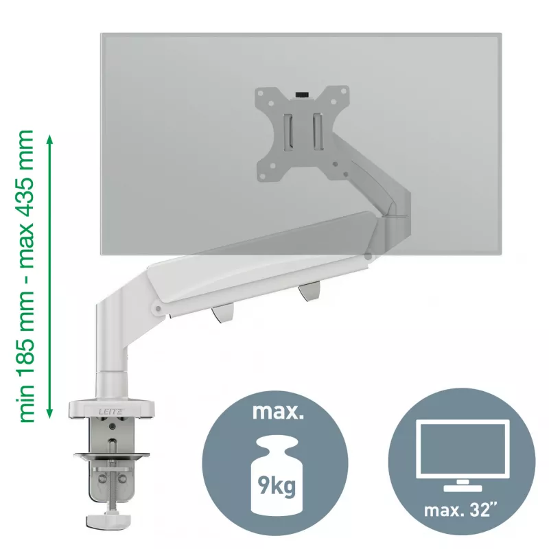 Leitz Ergo brazo de monitor individual que ahorra espacio, pinza/pasacables de mesa, 9 kg, 43,2 cm (17