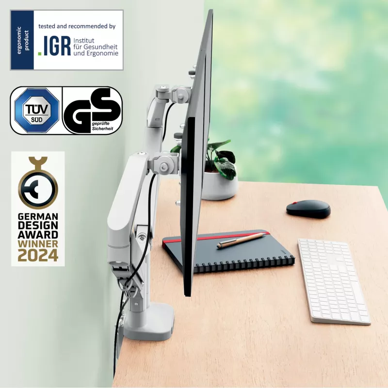 Leitz Ergo brazo doble para monitor que ahorra espacio, pinza/pasacables, 18 kg, 43,2 cm (17 inch), 81,3 cm (32 inch), 100 x 100 mm, gris