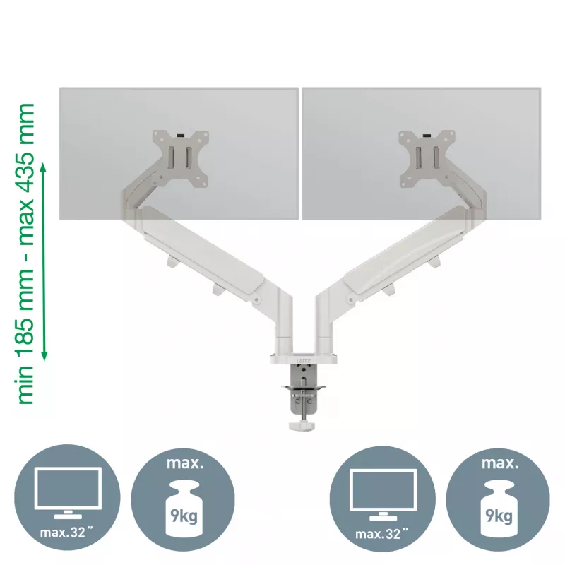 Leitz Ergo brazo doble para monitor que ahorra espacio, pinza/pasacables, 18 kg, 43,2 cm (17 inch), 81,3 cm (32 inch), 100 x 100 mm, gris