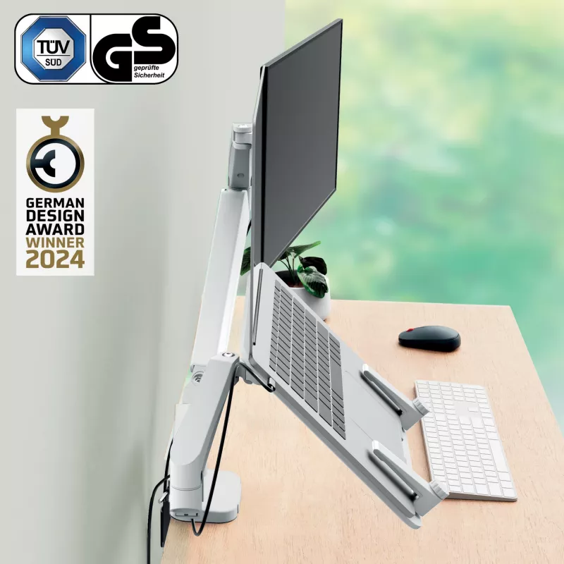 Leitz Ergo brazo doble para monitor y portátil que ahorra espacio, pinza/pasacables, 9 kg, 33 cm (13 inch), 81,3 cm (32 inch), 100 x 100 mm, gris