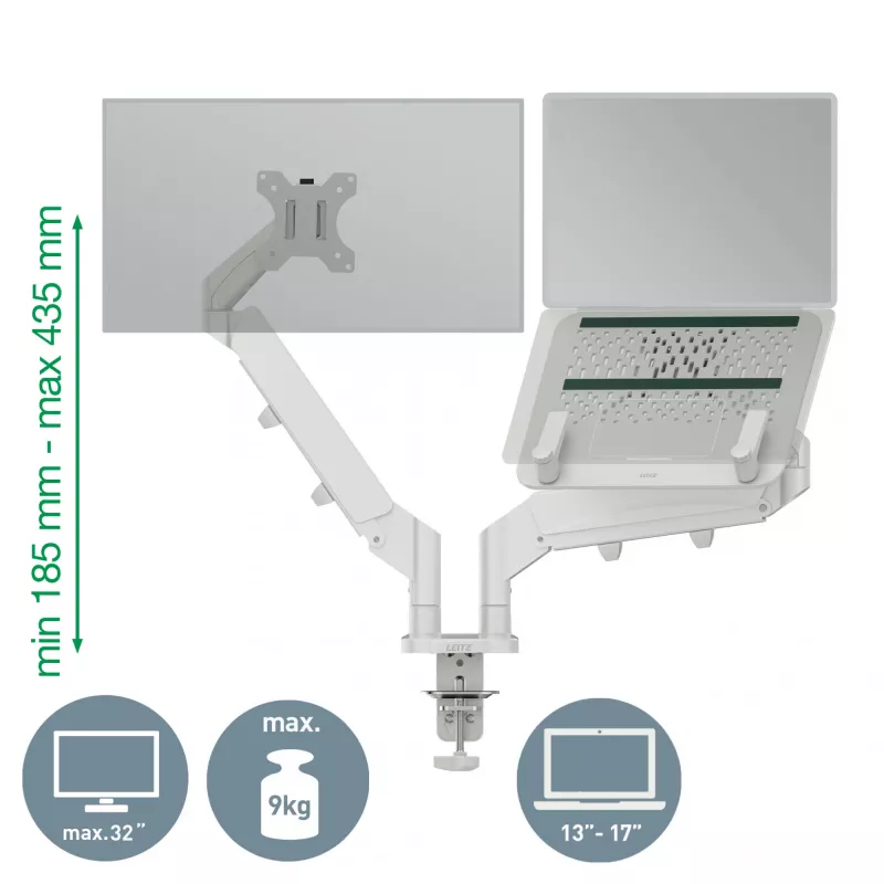 Leitz Ergo brazo doble para monitor y portátil que ahorra espacio, pinza/pasacables, 9 kg, 33 cm (13 inch), 81,3 cm (32 inch), 100 x 100 mm, gris