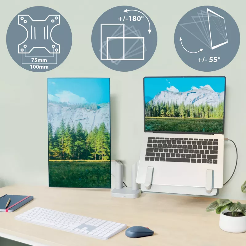 Leitz Ergo brazo doble para monitor y portátil que ahorra espacio, pinza/pasacables, 9 kg, 33 cm (13 inch), 81,3 cm (32 inch), 100 x 100 mm, gris