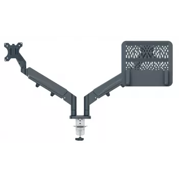 Leitz Ergo brazo doble para monitor y portátil que ahorra espacio, pinza/pasacables de mesa, 18 kg, 43,2 cm (17 inch), 81,3 cm (32 inch), 100 x 100 mm, gris oscuro