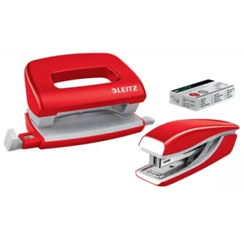 Leitz Set grapadora y perforadora Mini WOW, 10 hojas, rojo, P2, metal, 80 g/m², 3,5 cm